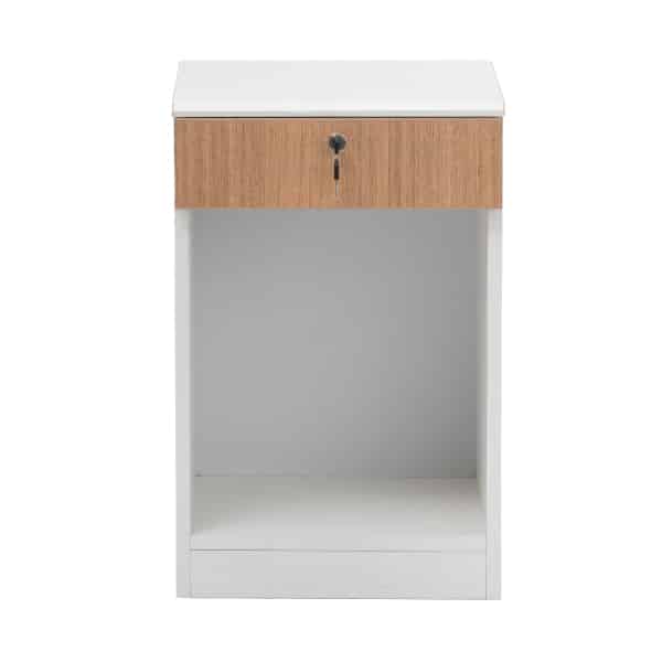 ELEMENT Pedestal in white with single drawer with Monumental oak shade facia open shelf - TRANSTEEL