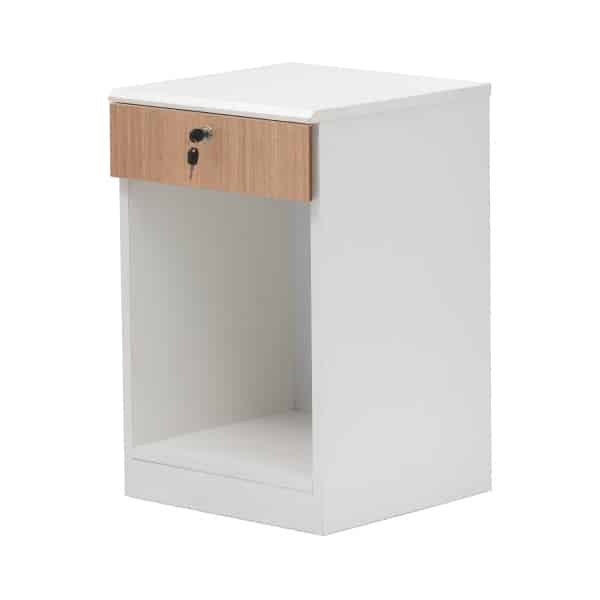 ELEMENT Pedestal in white with single drawer with Monumental oak shade facia open shelf - TRANSTEEL