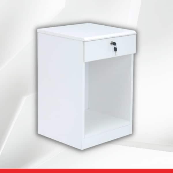 Element Pedestal in white with single drawer open shelf & Bevel edge finished top-TRANSTEEL