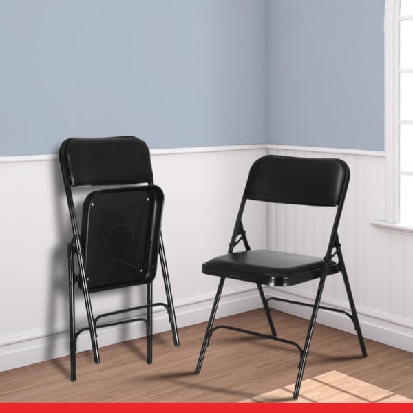 Fold Chair - Black Colour Metal Folding Chair with Cushion Back & Seating - Set of 4 -TRANSTEEL