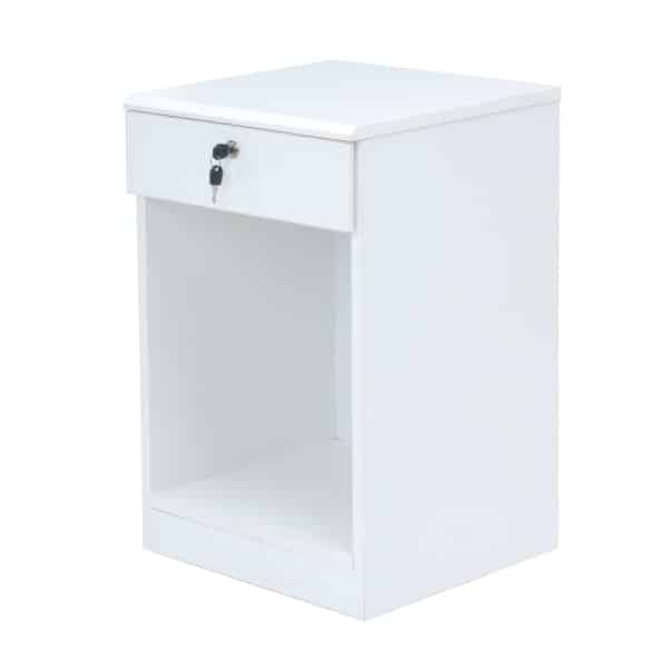 ELEMENT Pedestal in white with single drawer open shelf & Bevel edge finished top - TRANSTEEL