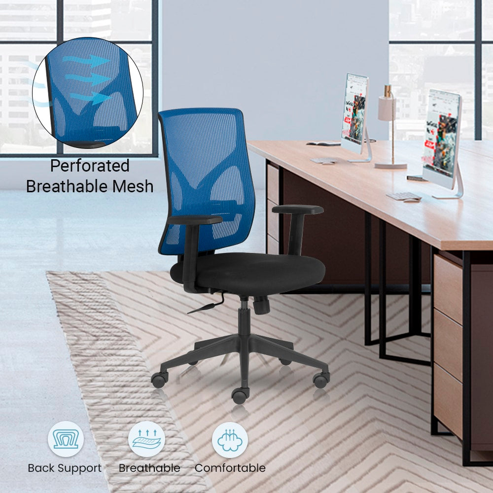 BIONIC Mid Back Ergonomic Office Chair with Mesh Back & 1D Arms – Blue