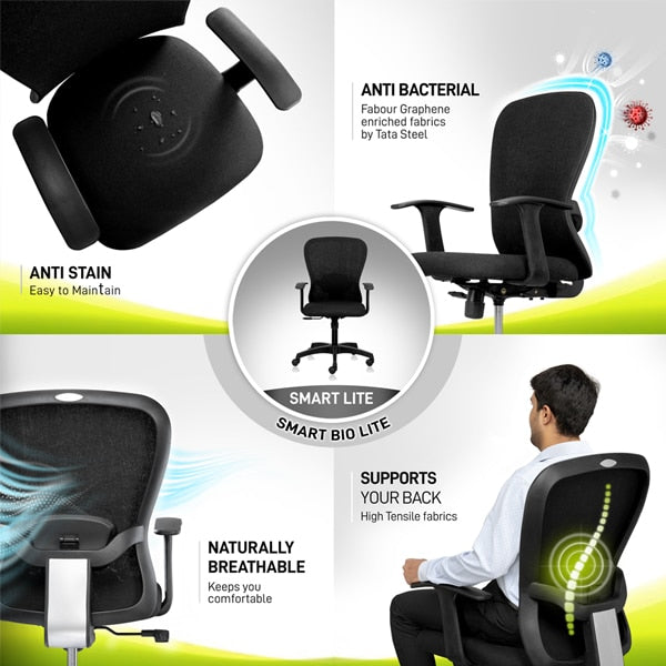 Smart Mid Back chair with adjustable lumbar, high tensile breathable natural fabrics & fixed arms