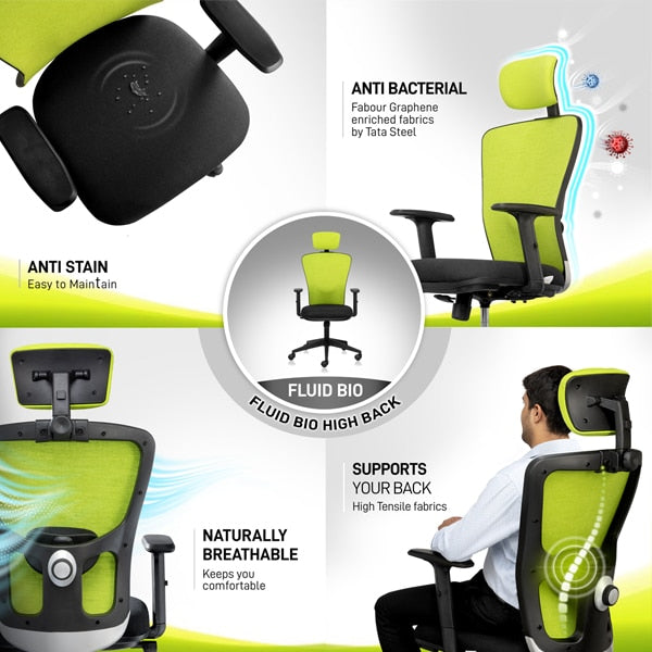 Fluid Basics High Back chair with adjustable lumbar and high tensile breathable natural fabrics