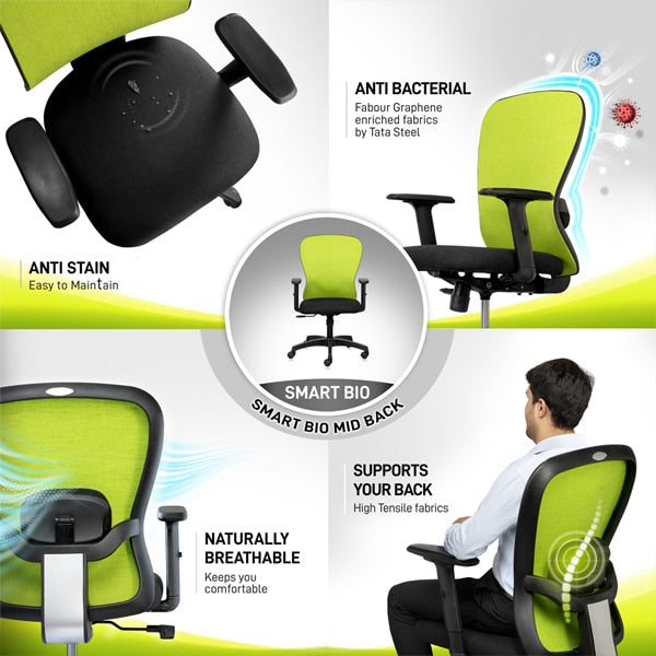 Smart Mid Back chair with adjustable lumbar, high tensile breathable natural fabrics & adjustable arms