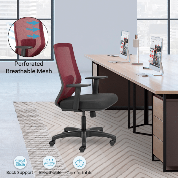 EURO Mid Back Ergonomic Office Chair With 1D Adjustable Arms - Maroon