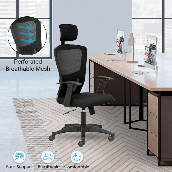 FLUID LITE High Back Ergonomic Office Chair with Mesh Back & Fixed Arms - Black