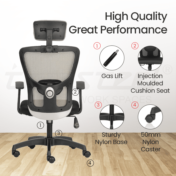 FLUID LITE High Back Ergonomic Office Chair with Mesh Back & Fixed Arms – Grey