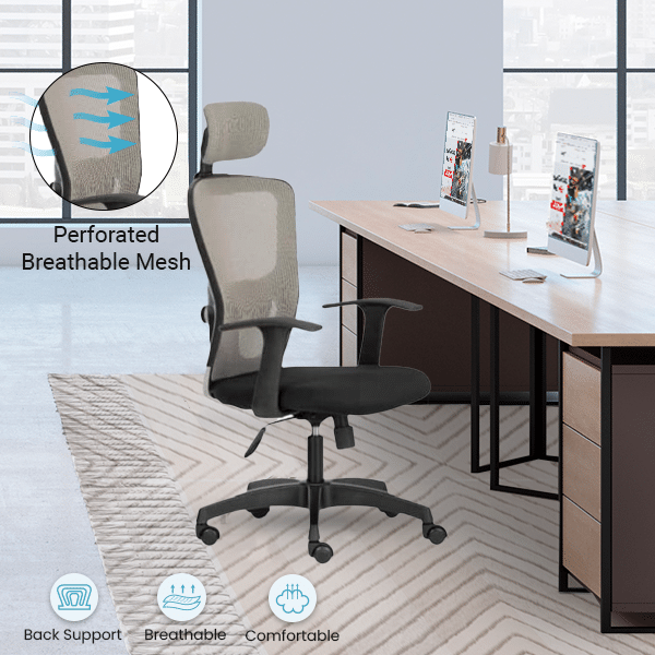 FLUID LITE High Back Ergonomic Office Chair with Mesh Back & Fixed Arms – Grey