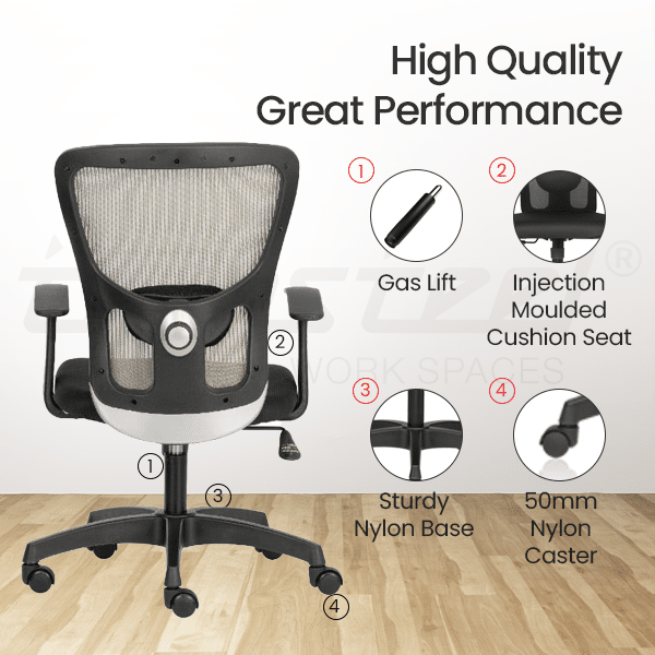 FLUID LITE Mid Back Ergonomic Office Chair with Mesh Back & Fixed Arms – Grey