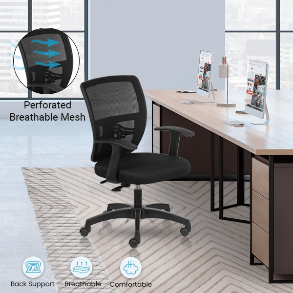 JUNO Mid Back Ergonomic Office Chair with Mesh Back With Arms - Black