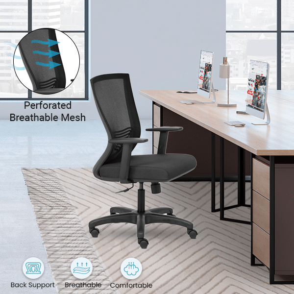 REFLEX BLACK Mid Back Ergonomic Office Chair With Mesh Back & Adjustable Arms